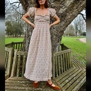 Doen Gia prairie feathered floral maxi dress puff sleeve size Medium ruffled